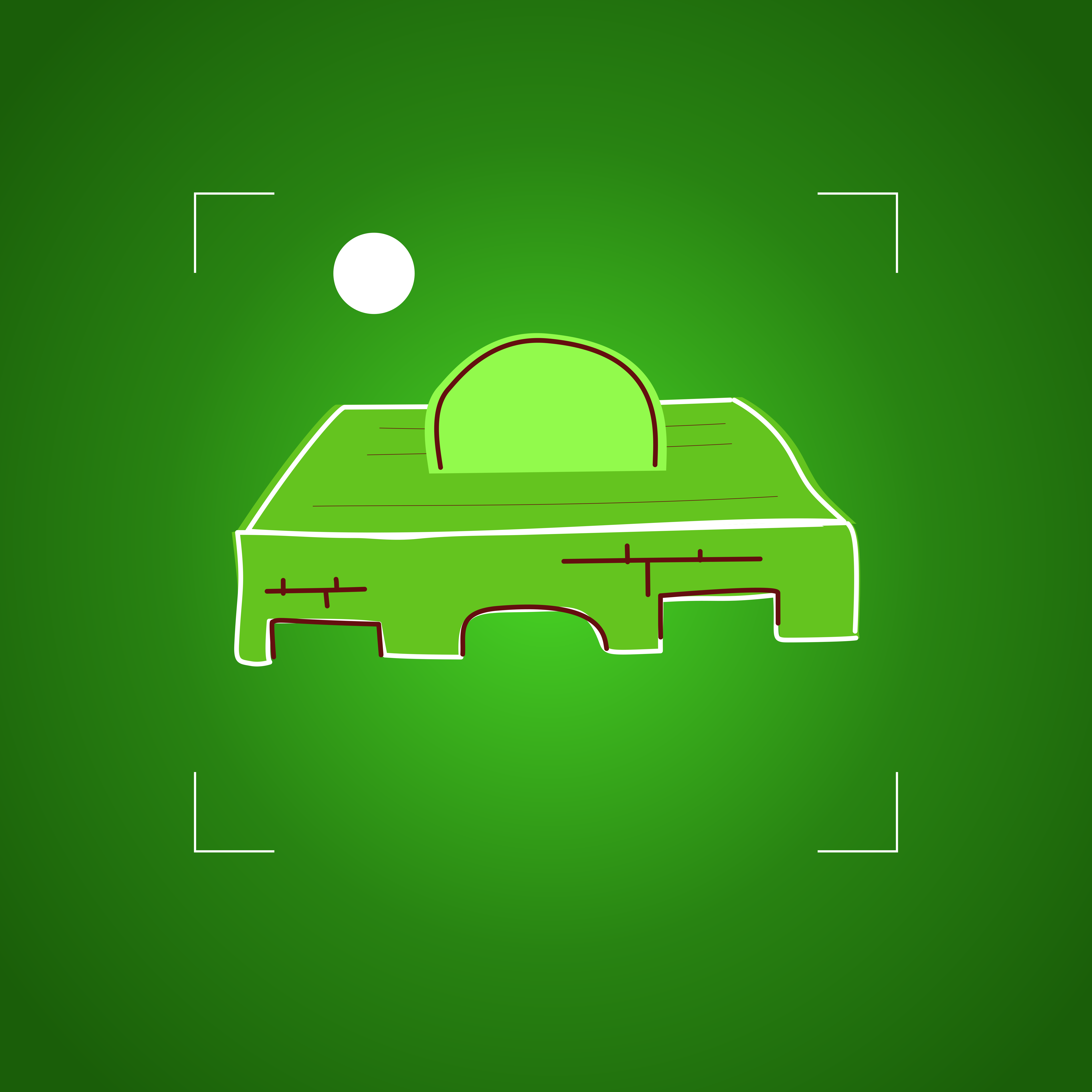 A stylized green building with a dome and a white circle above