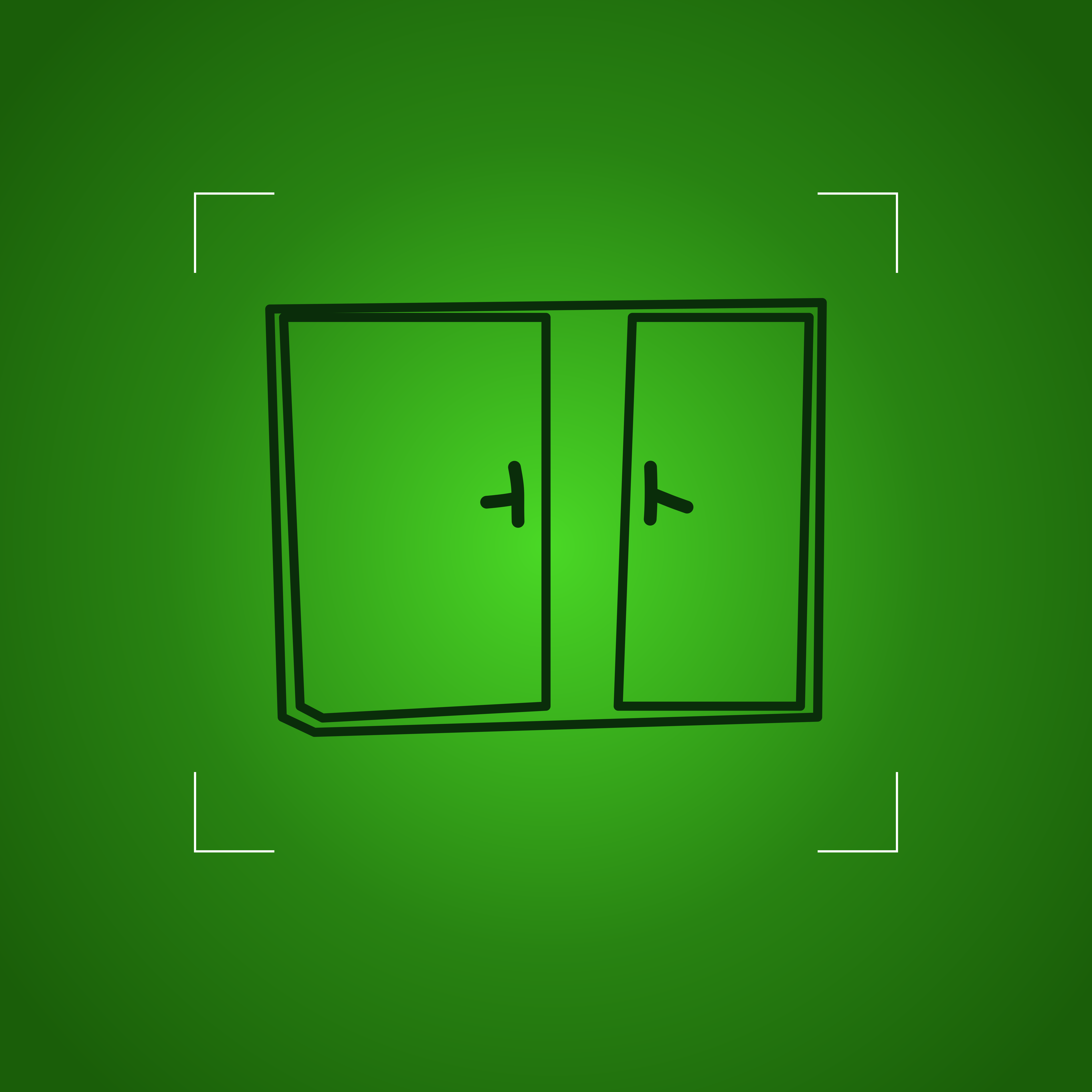 Un dessin au trait noir représentant des doubles portes sur fond vert uni