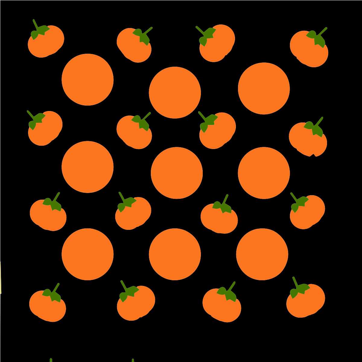 A repeating pattern of orange circles and orange persimmons on a black background