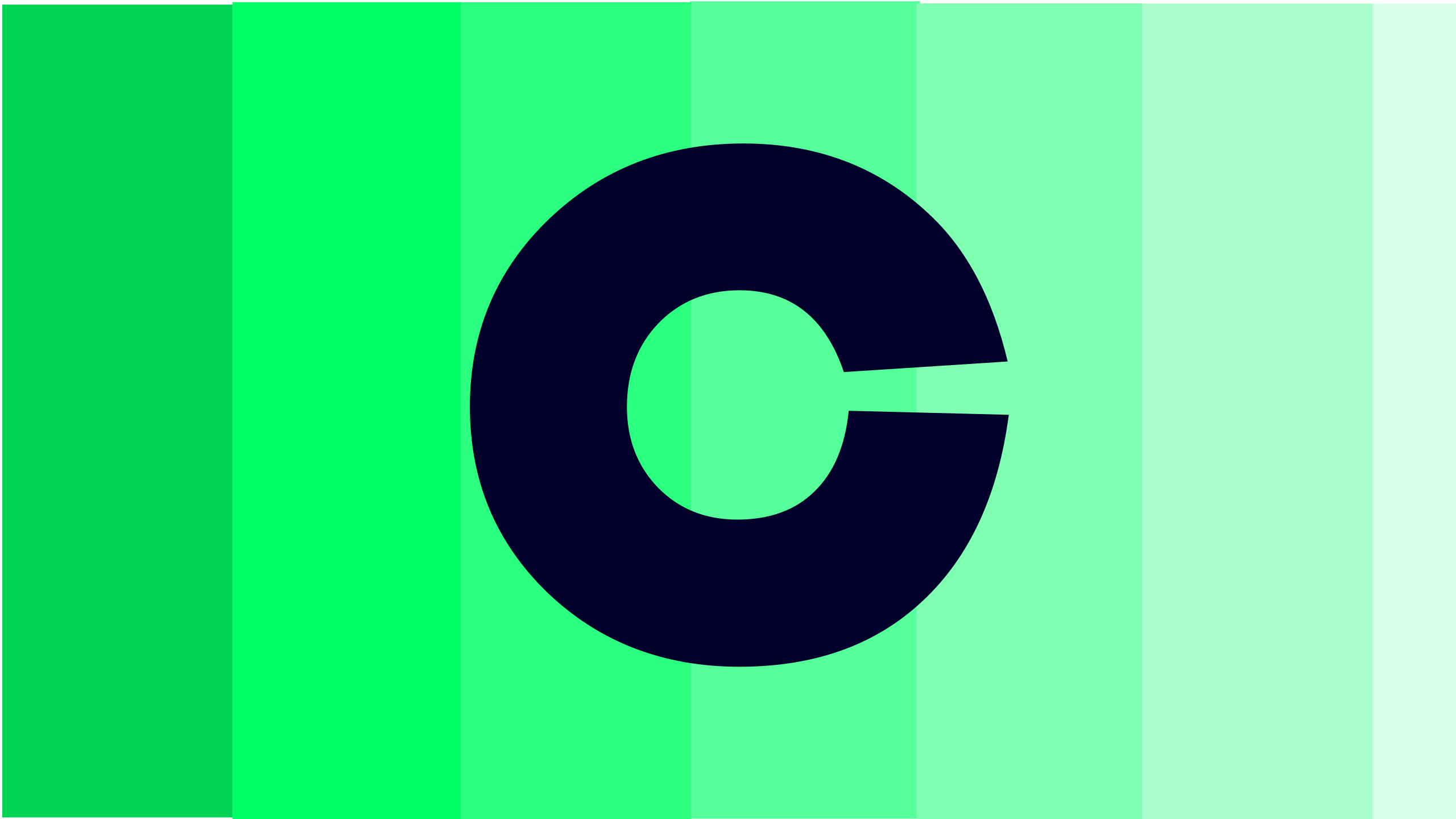 A dark blue letter C centered on a background of vertical green stripes