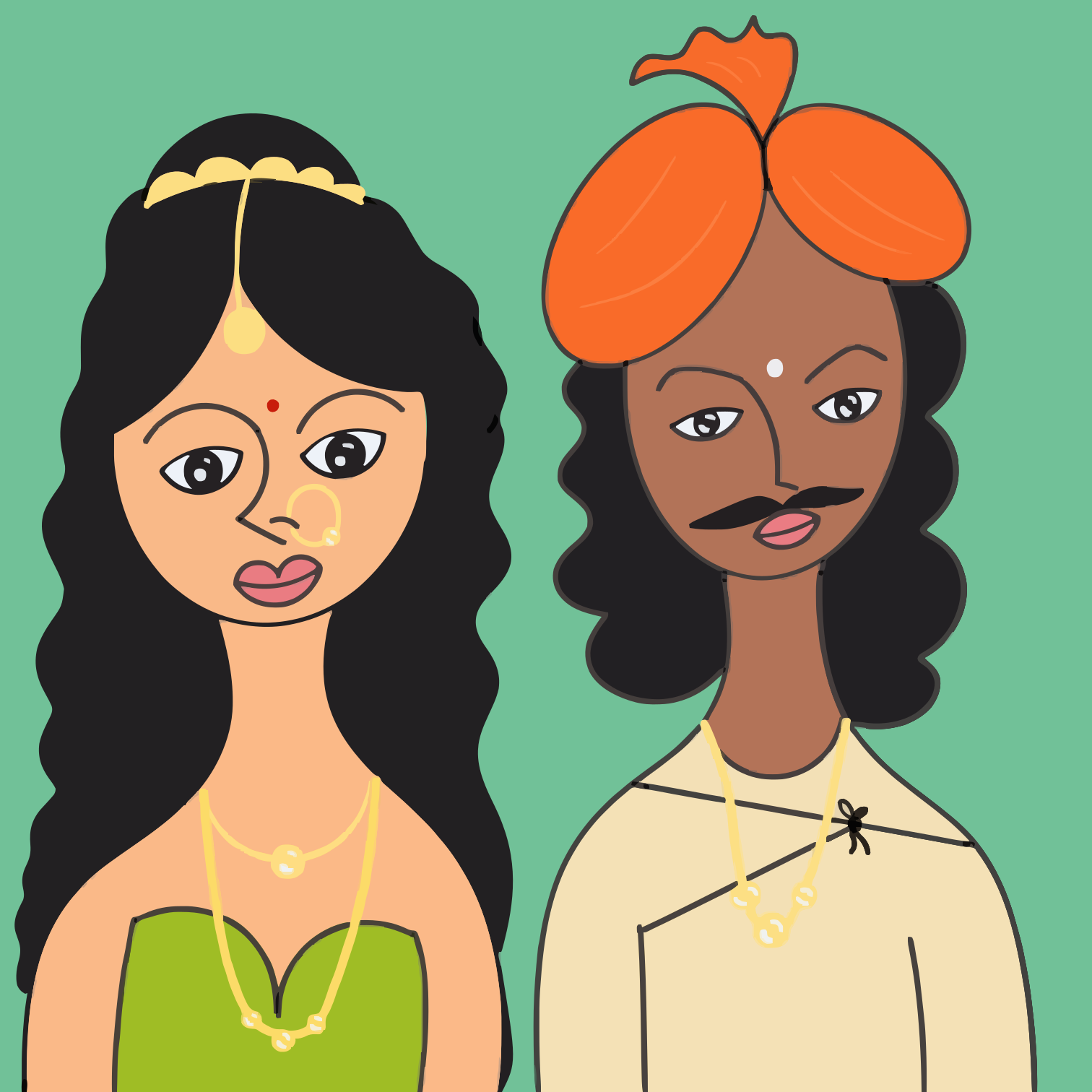 A woman and a man in traditional attire against a solid green background