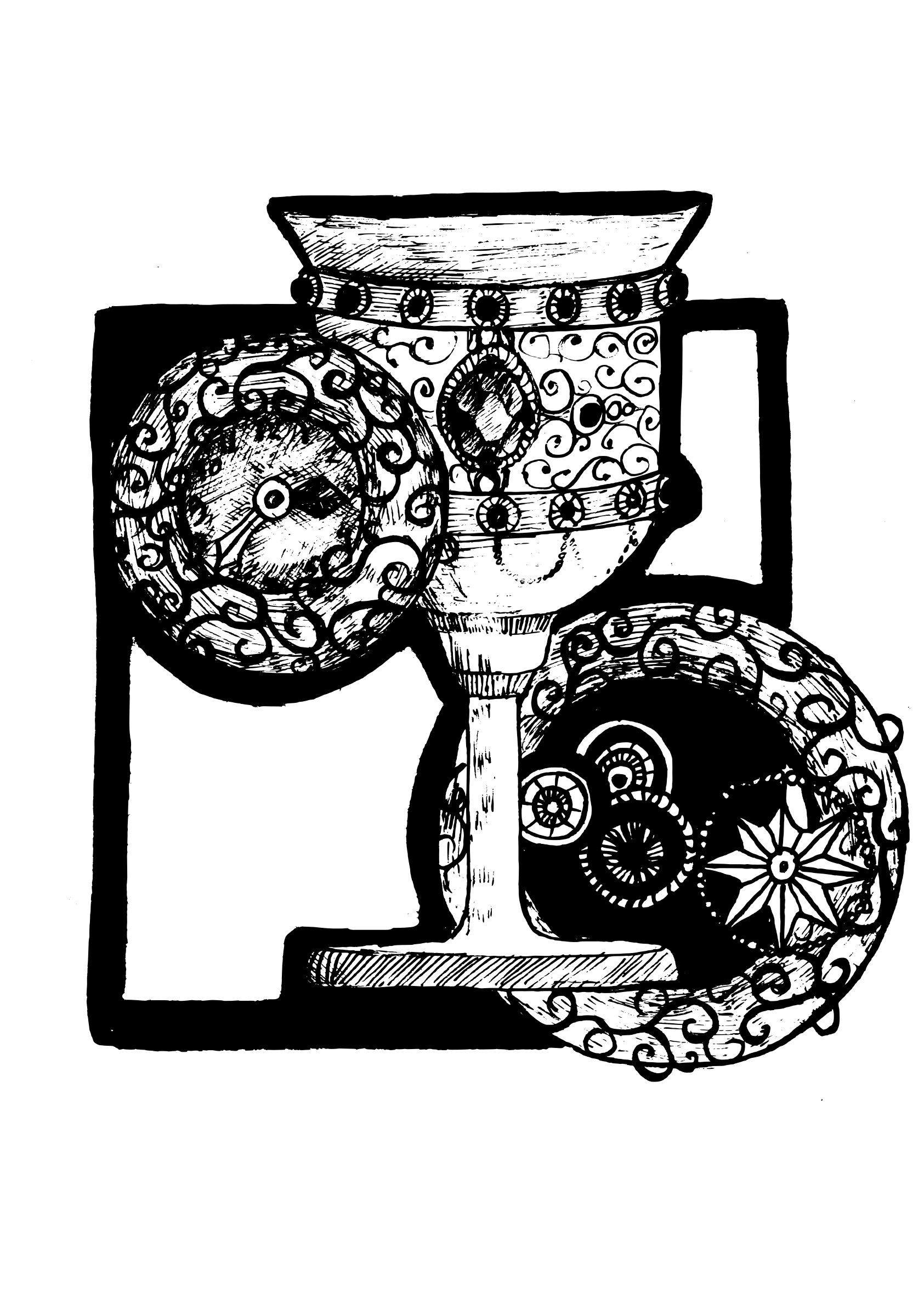 Un disegno a linee di un calice ornato circondato da ingranaggi e motivi circolari