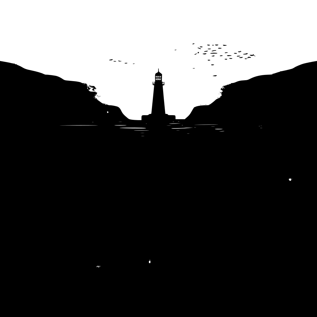 Un dessin au trait d’une silhouette de phare entre deux falaises avec des oiseaux volant au-dessus
