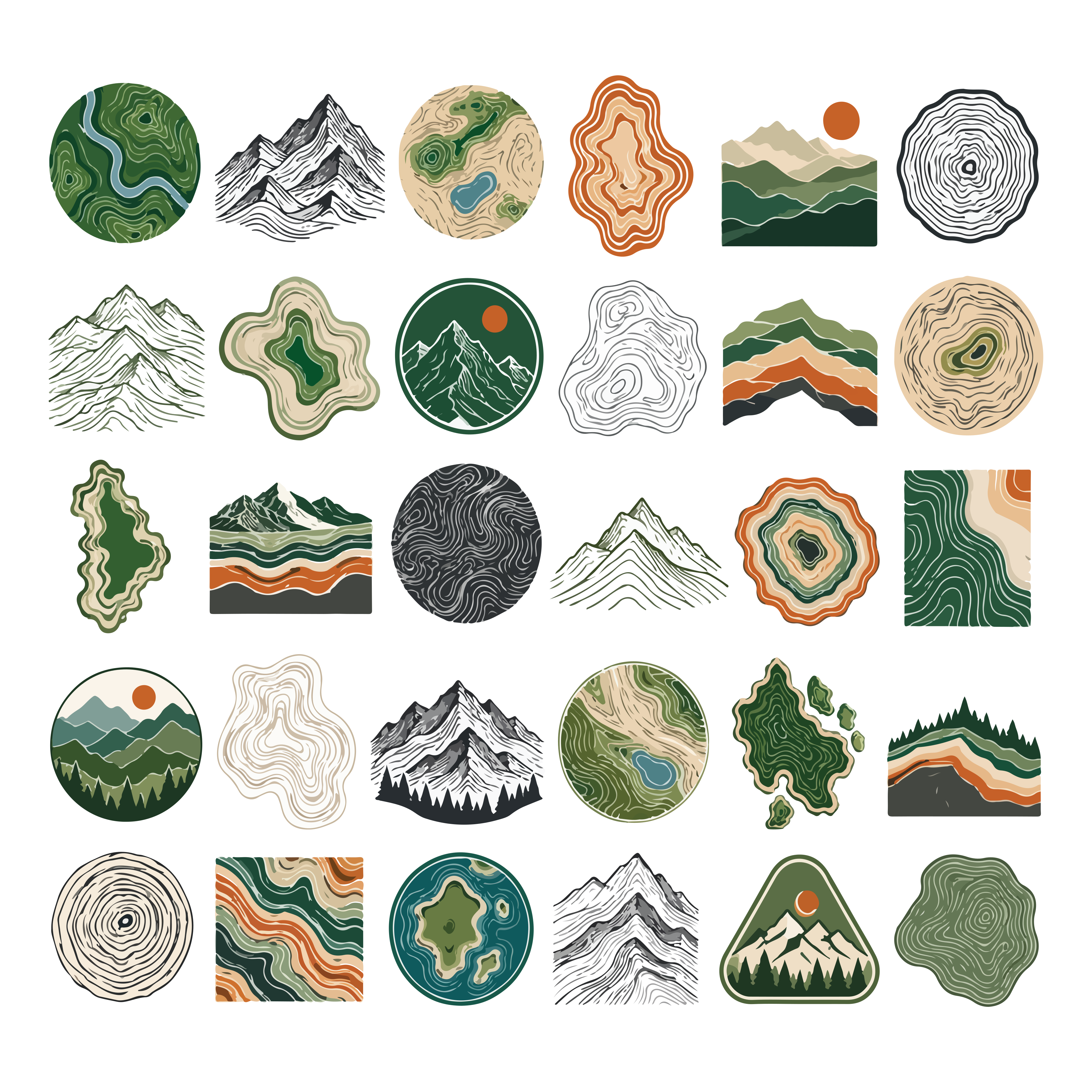 Una raccolta di illustrazioni vettoriali con montagne, mappe topografiche e motivi organici astratti in toni terrosi