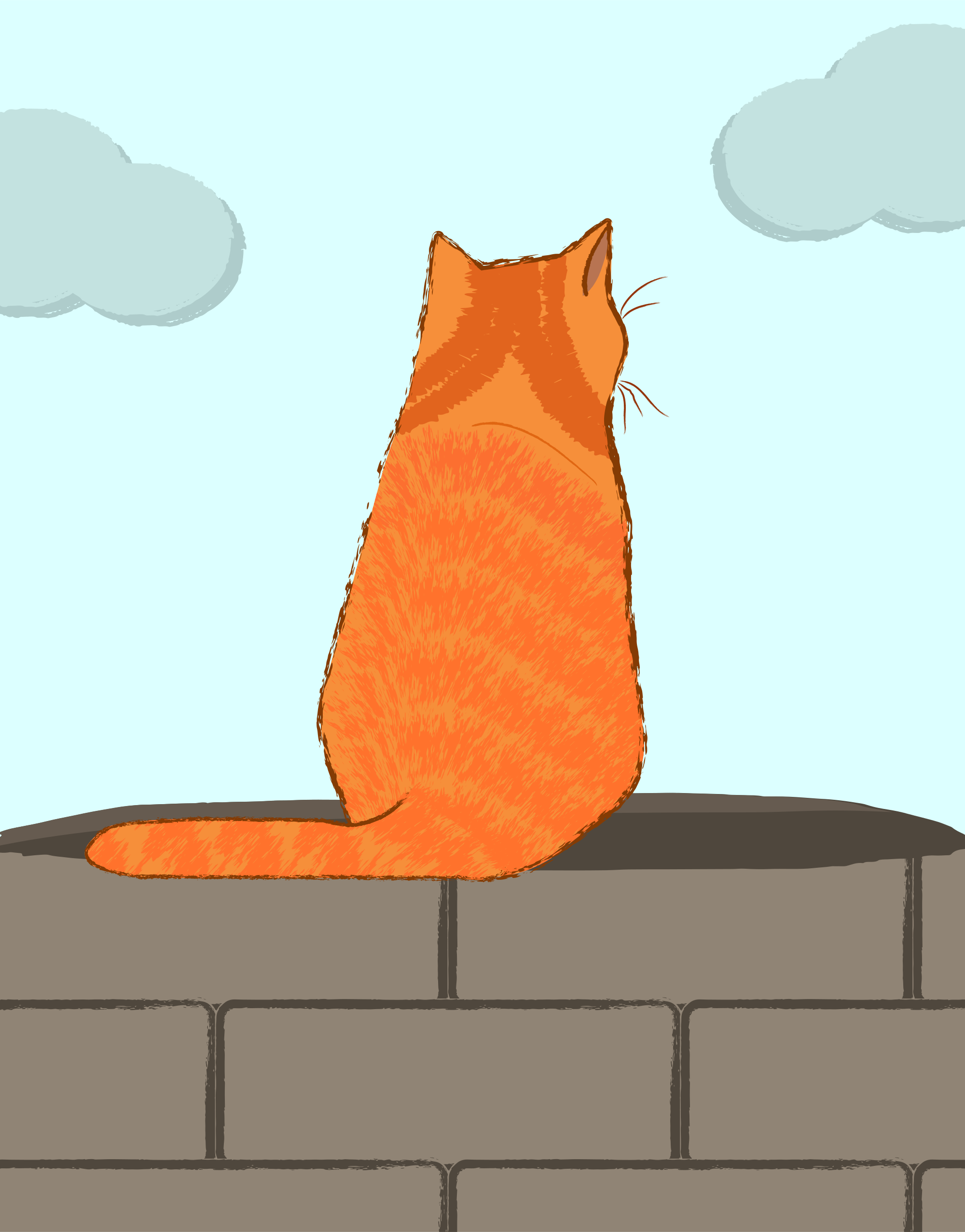 青空を背景にレンガの壁に座るオレンジ色の縞猫のイラスト