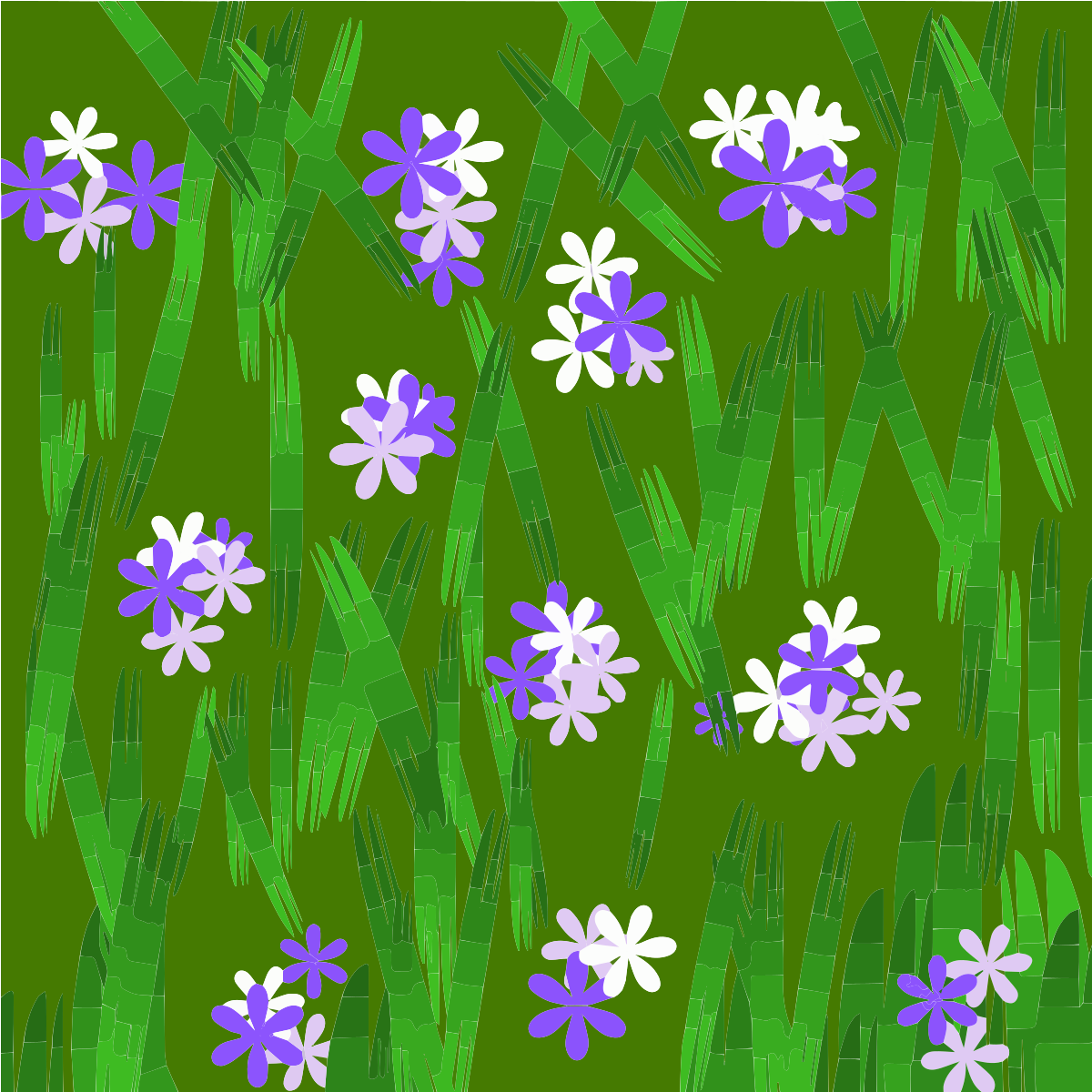 Une illustration vectorielle de fleurs violettes et blanches dispersées parmi des tiges de bambou vert