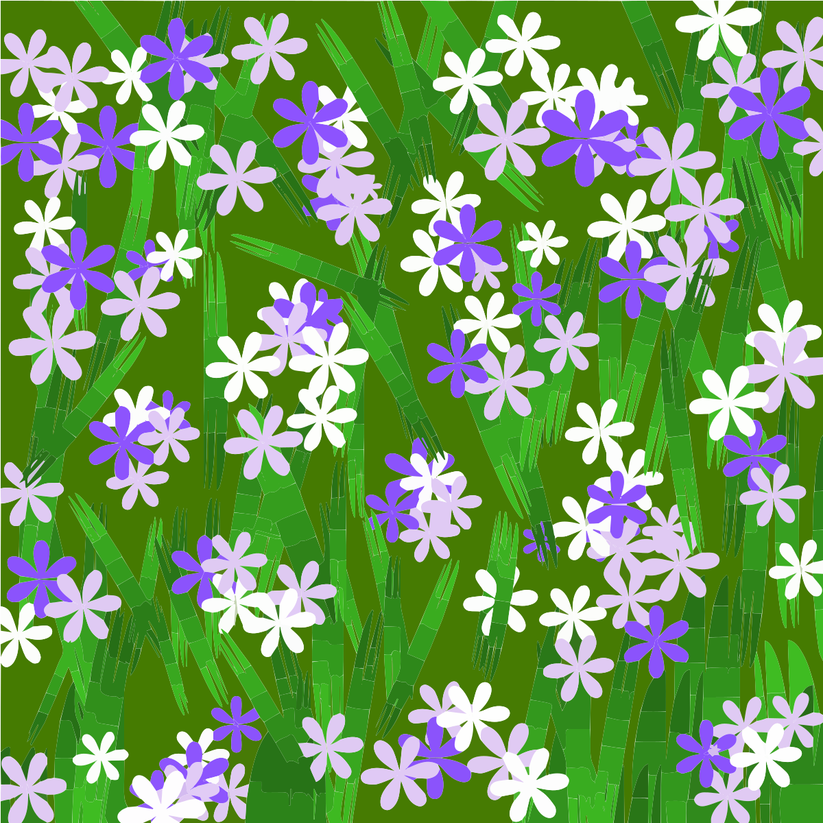 Une illustration vectorielle de fleurs blanches et violettes éparpillées sur un fond vert