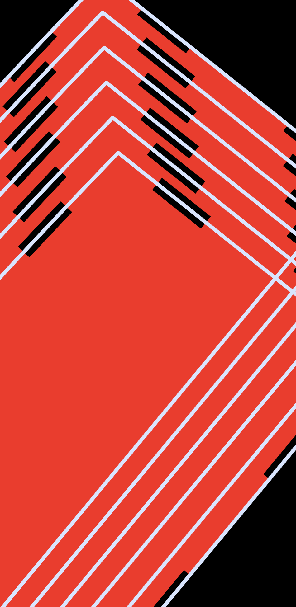 Um padrão abstrato de chevrons vermelhos com linhas finas brancas e pretas sobre fundo preto