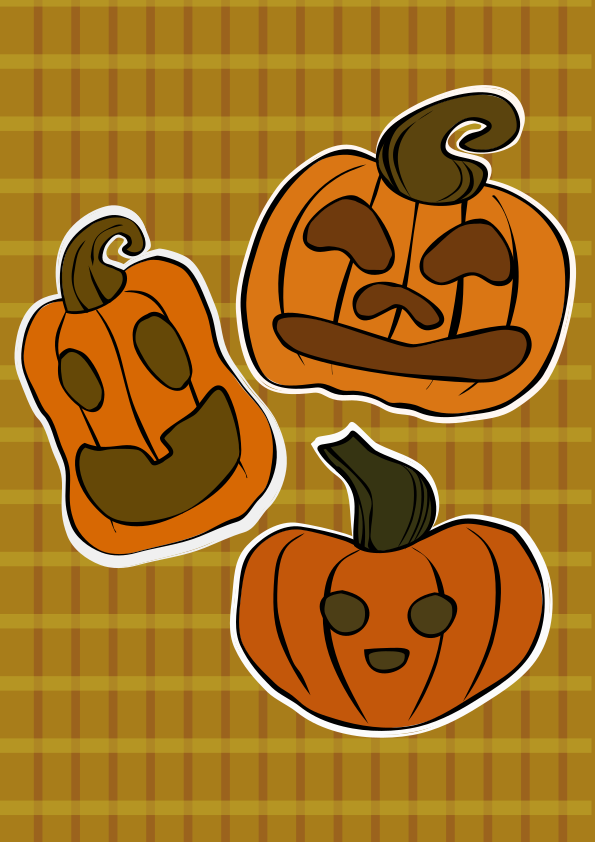 Uma ilustração de três abóboras de Halloween sobre um fundo xadrez dourado