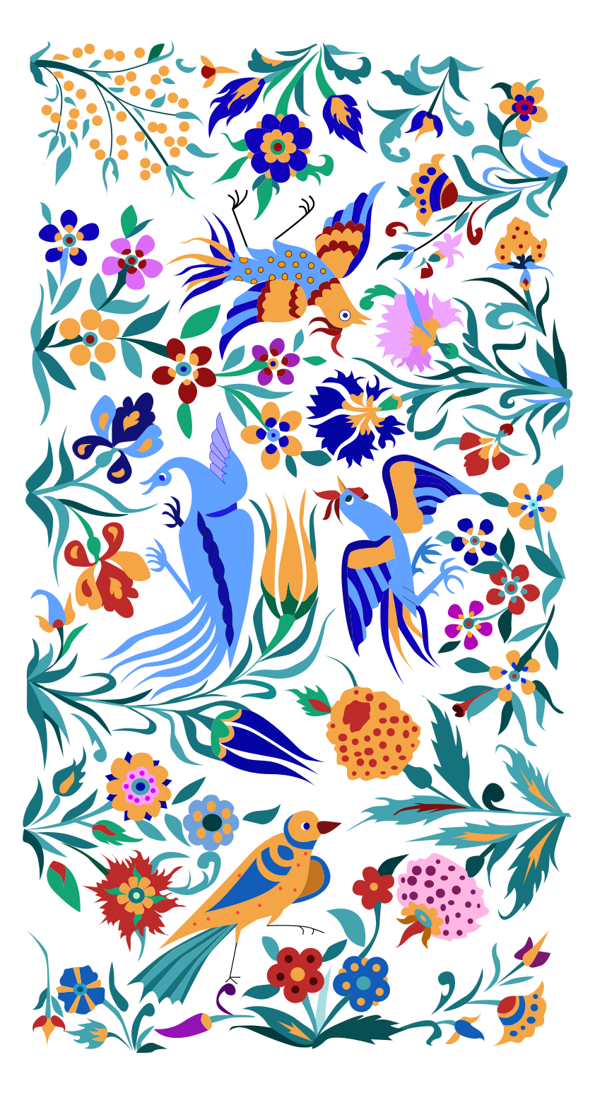 A vector illustration of colorful birds and flowers in a traditional folk art style