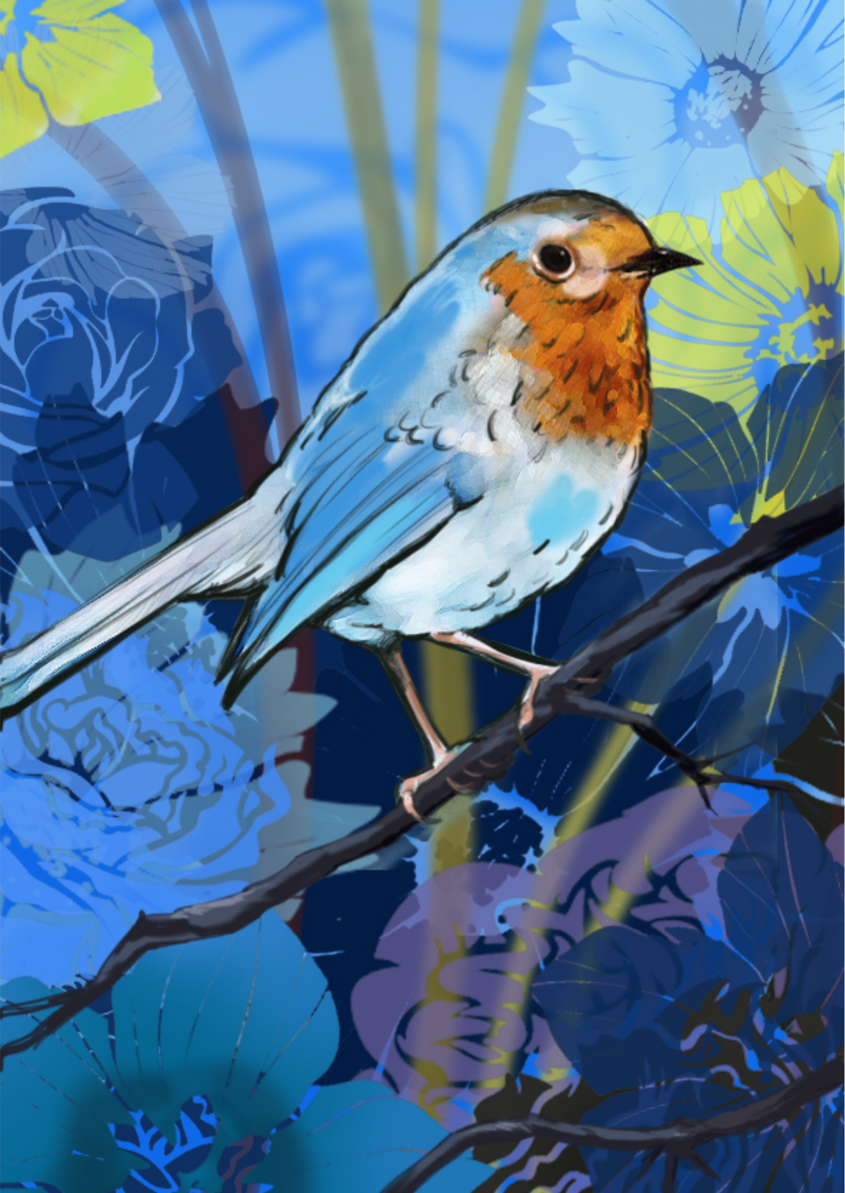 An illustration of a blue and orange bird perched on a branch against blue flowers