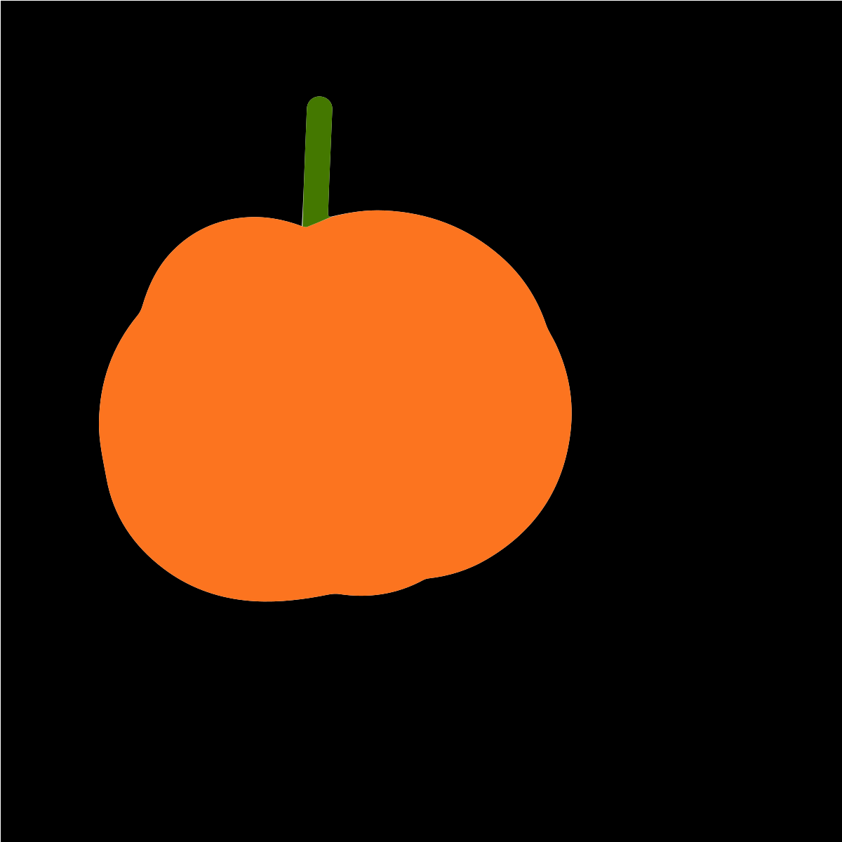 Una ilustración de una calabaza naranja con un tallo verde sobre fondo negro