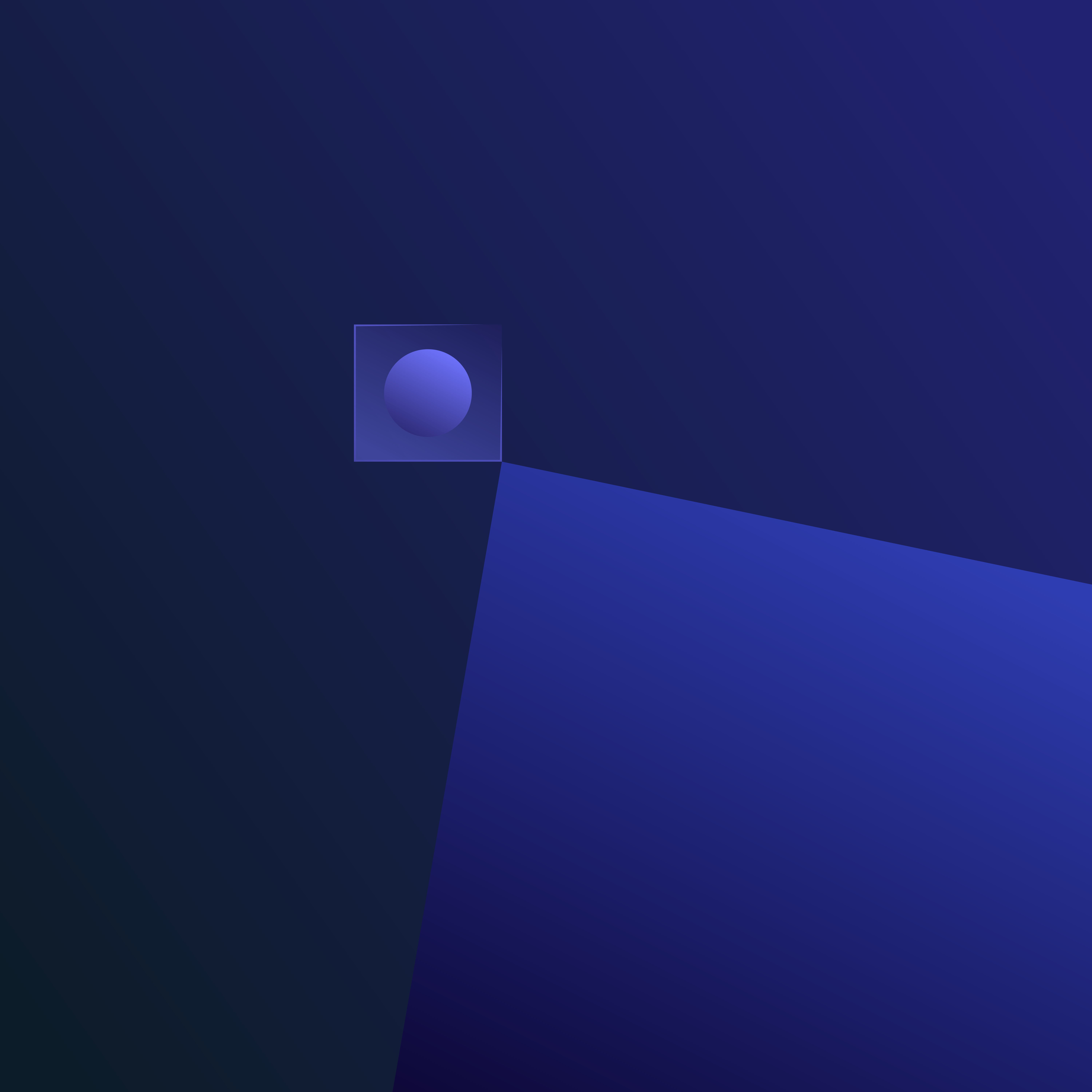 Uma renderização 3D de uma esfera azul dentro de um quadrado translúcido projetando uma longa sombra
