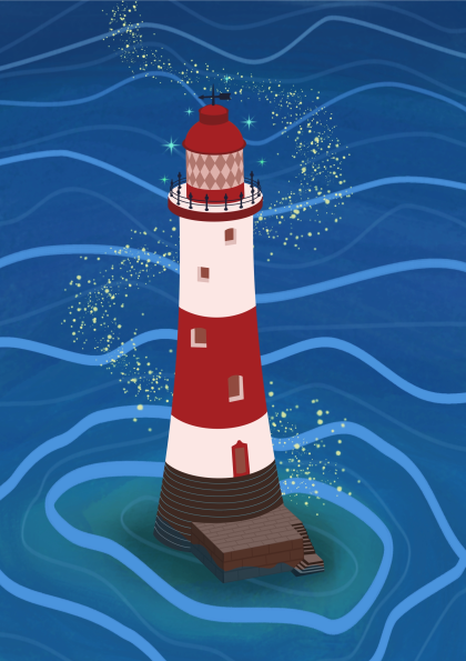 Eine Illustration eines rot-weißen Leuchtturms, umgeben von wirbelndem blauem Wasser und leuchtenden Glitzern