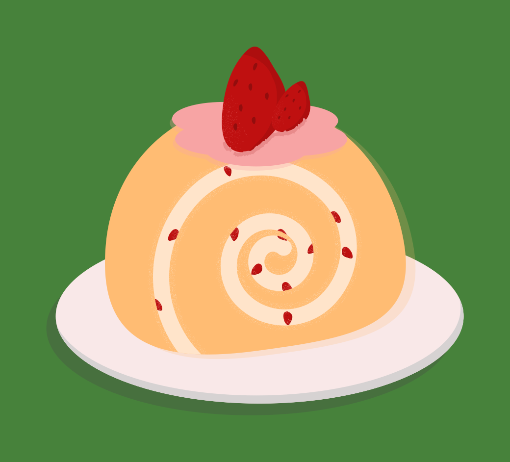 Uma ilustração de um bolo suíço de morango com creme em um prato branco