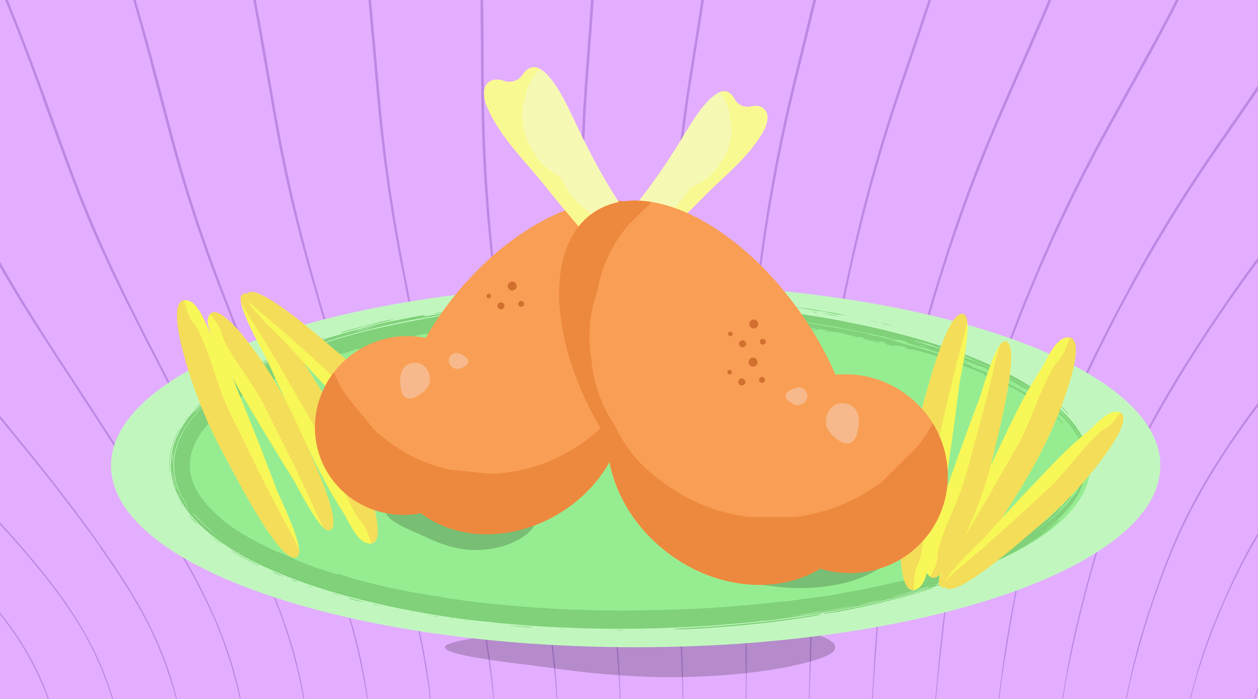 Una ilustración de dos pollo fritos con palos fritos sobre un plato verde