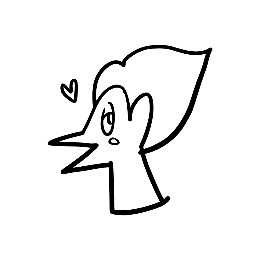 A line drawing of a stylized bird head profile with a small heart above