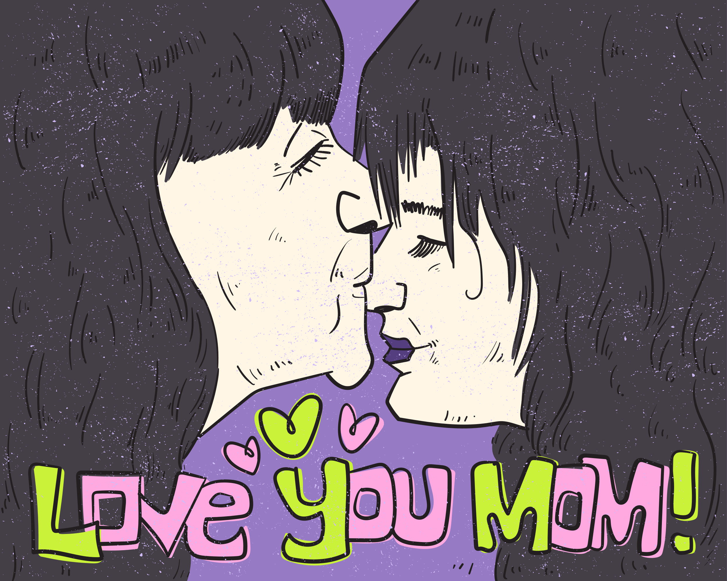 Uma ilustração de duas pessoas se beijando acima das palavras "Te amo, mãe!" sobre um fundo roxo